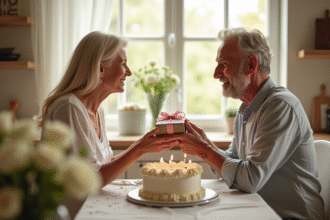 Couple mature échangeant des cadeaux dans une cuisine lumineuse