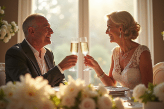 Couple mature en tenue élégante trinant avec champagne lors d'un anniversaire