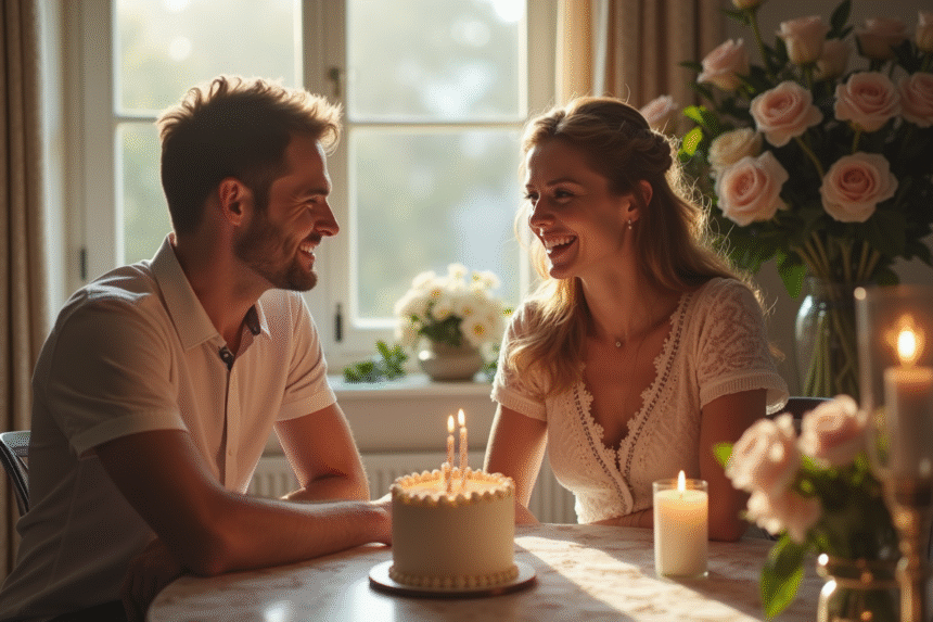 Couple souriant célébrant leur anniversaire à la maison