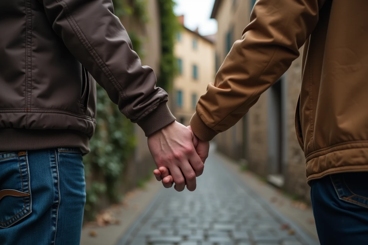 Couple adulte en extérieur dans une ruelle pavée montrant leurs bagues duo assortis en tungstène sombre