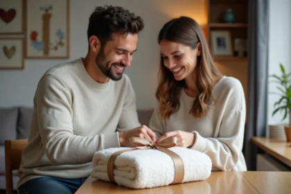 Couple souriant préparant un cadeau de coton à la maison