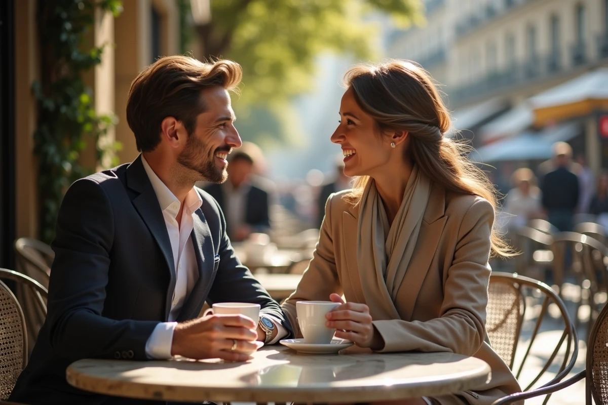 Couple élégant partageant un café en terrasse à Paris