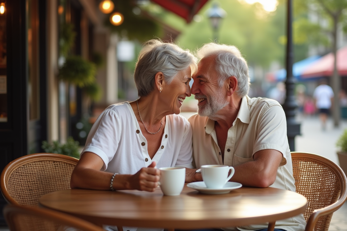 Couple mature riant au café en plein air