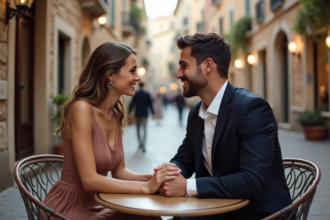 Jeune couple souriant au cafe en ville