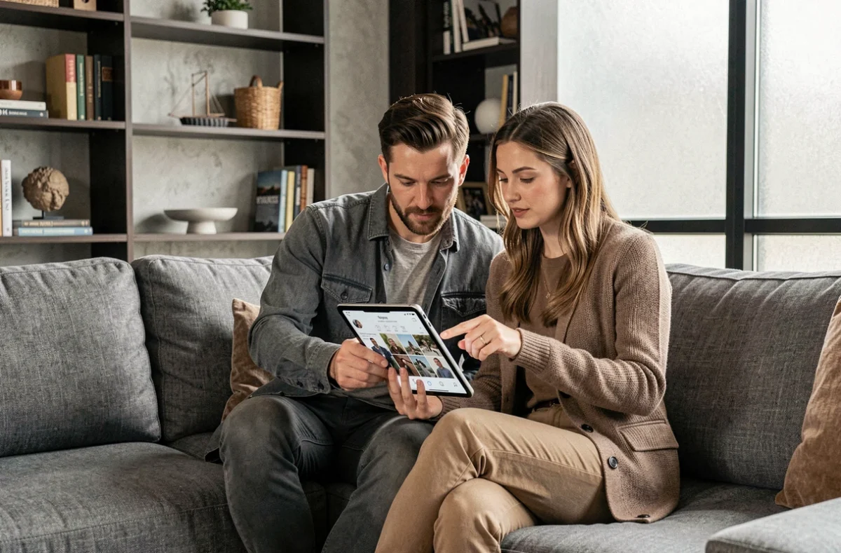 Un couple consulte ensemble le portfolio Instagram d'un photographe sur une tablette pour choisir le professionnel idéal