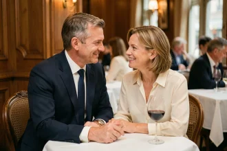 Couple élégant partageant un moment de complicité dans un restaurant parisien raffiné