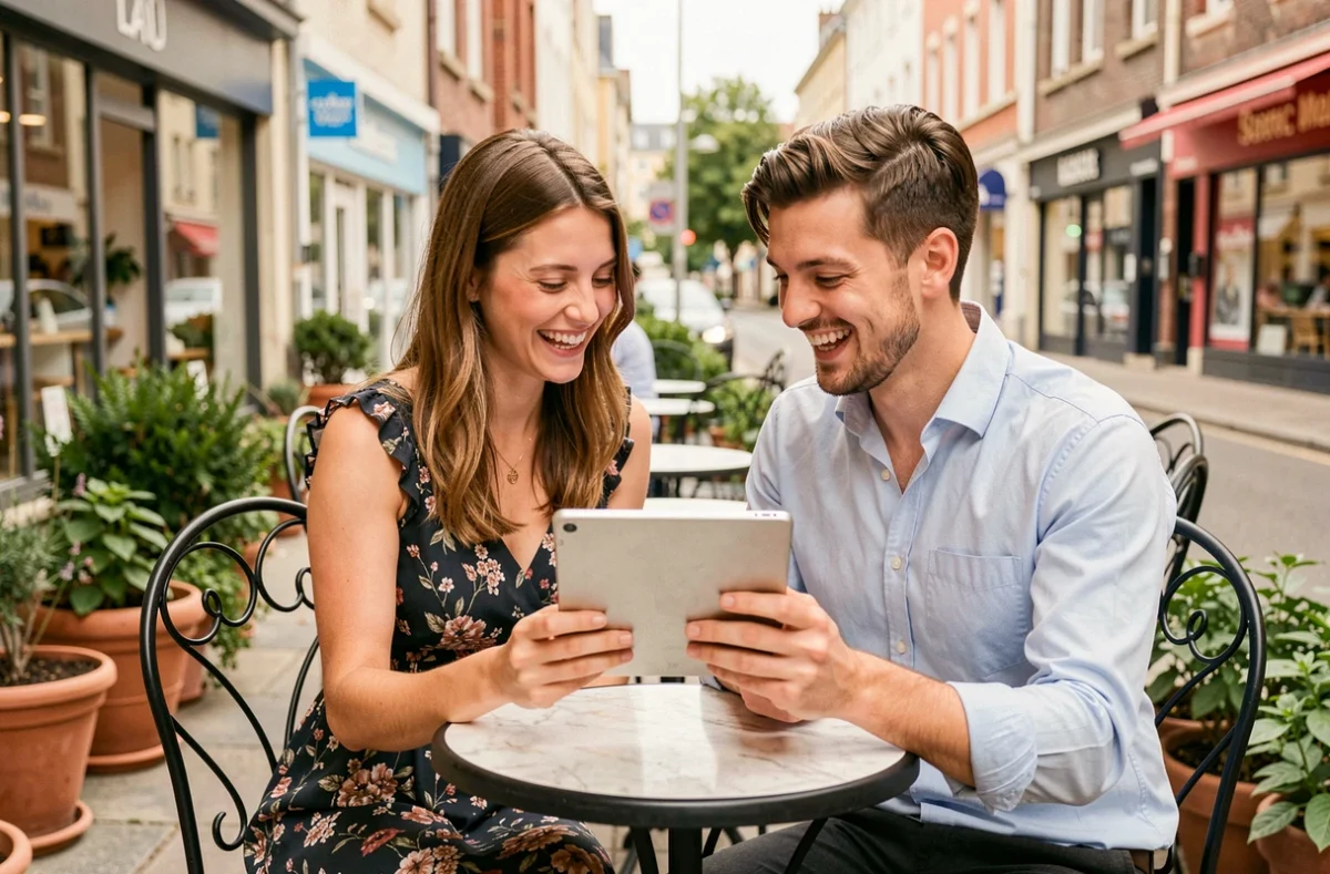 Couple discutant du budget photo avec un photographe autour d'une table à Champs-sur-Marne