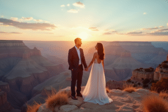 Jeune couple au coucher de soleil sur le Grand Canyon