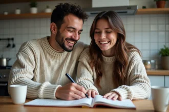 Jeune couple souriant dans la cuisine moderne