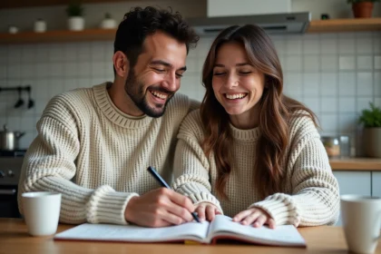 Jeune couple souriant dans la cuisine moderne