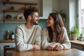 Jeune couple assis à une table de cuisine chaleureuse