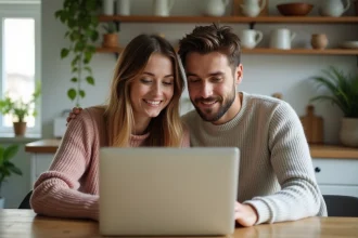 Jeune couple dans la cuisine regardant un ordinateur portable