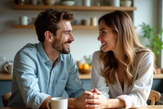 Jeune couple souriant dans une cuisine moderne