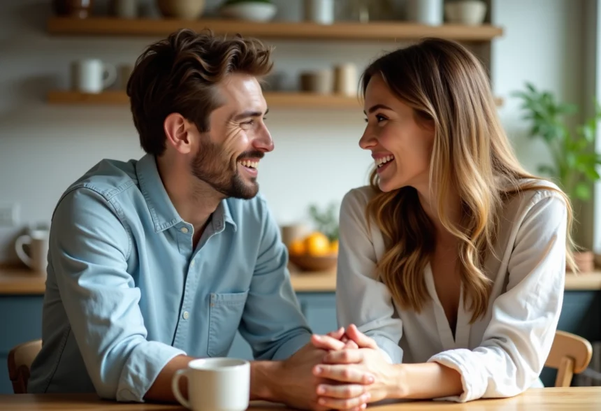 Jeune couple souriant dans une cuisine moderne