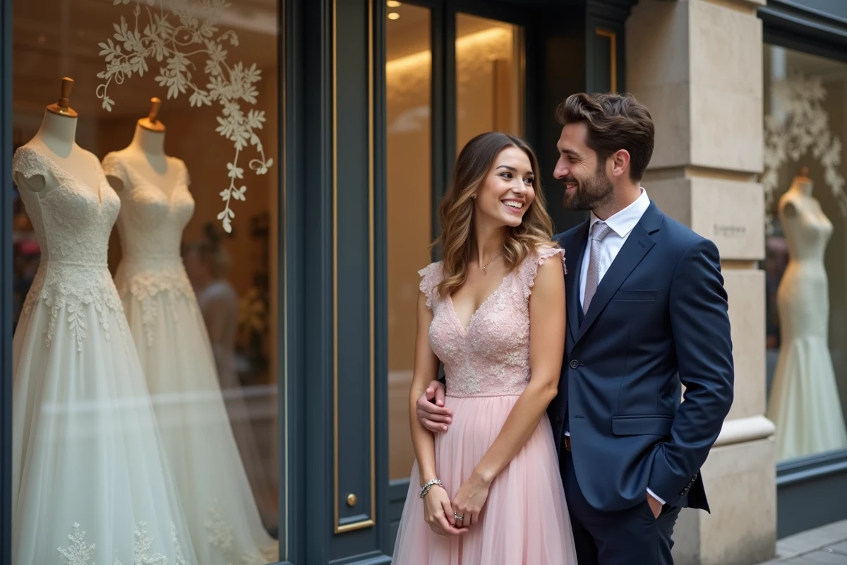 Jeune couple devant une boutique de mariage à Bordeaux