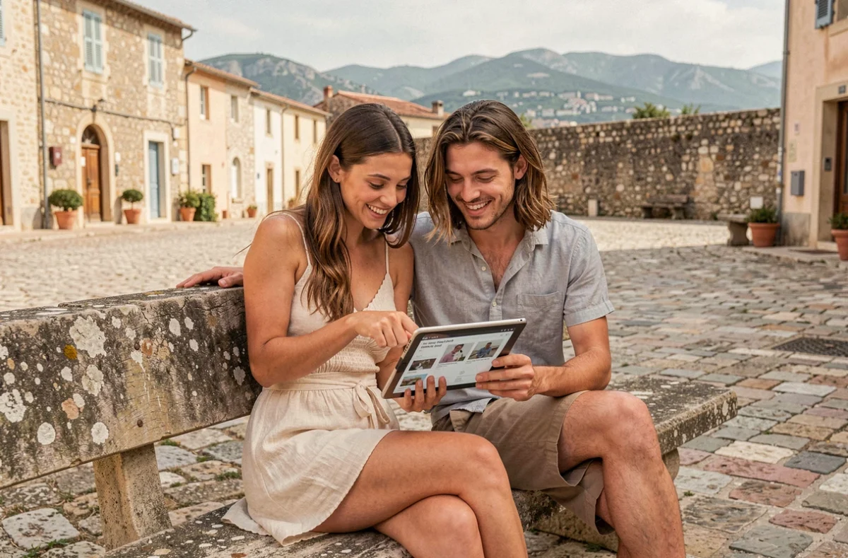Couple consultant un devis de photographe à Gardanne sur tablette dans un village provençal