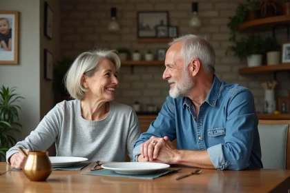 Couple mature échangeant un regard chaleureux à table