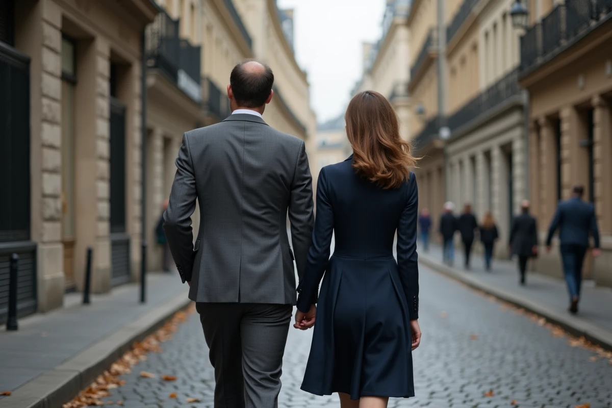Couple élégant marchant dans une rue parisienne pavée, moment candide illustrant la vie privée préservée d'une personnalité publique