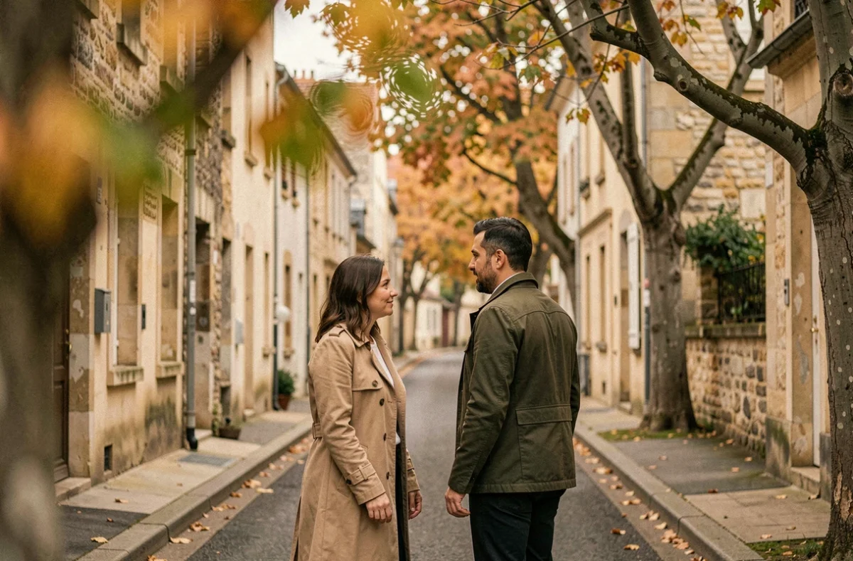 Couple marchant discrètement dans une rue calme, symbolisant la vie privée assumée d'une personnalité publique et de son compagnon