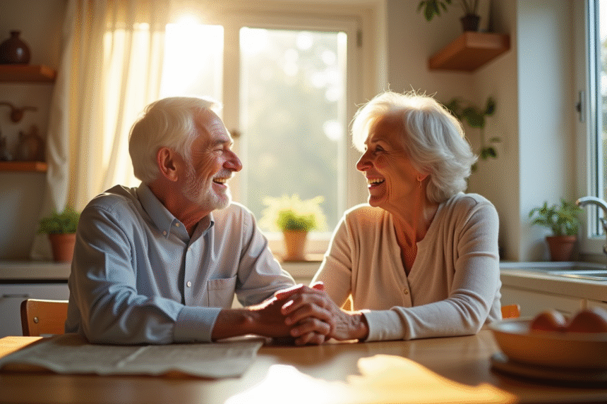 Couple agee tenant mains et riant dans une cuisine lumineuse