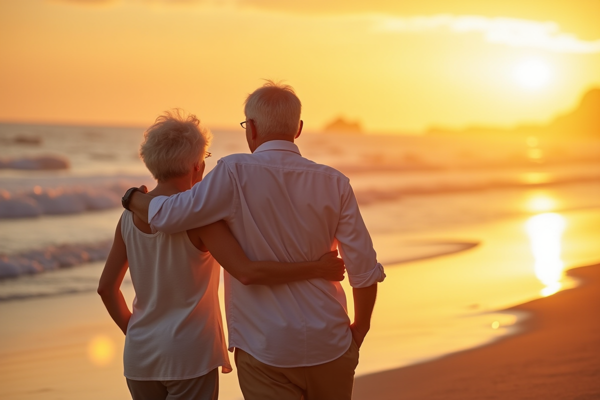 Vieux couple marchant main dans la main sur la plage au coucher du soleil