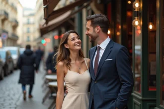 Couple élégant partageant un moment complice devant un café parisien, illustrant les rumeurs de mariage entre personnalités publiques