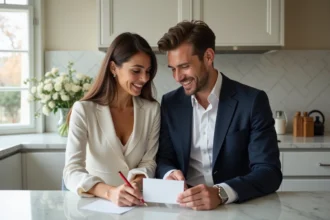 Couple souriant écrivant une save the date dans un appartement parisien