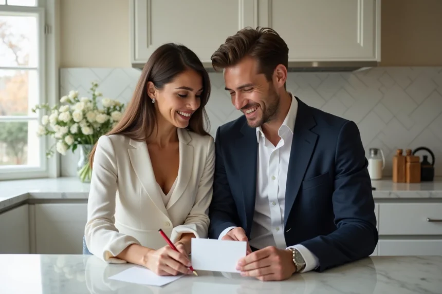Couple souriant écrivant une save the date dans un appartement parisien