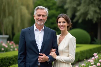 Portrait d un couple dans un jardin élégant et verdoyant