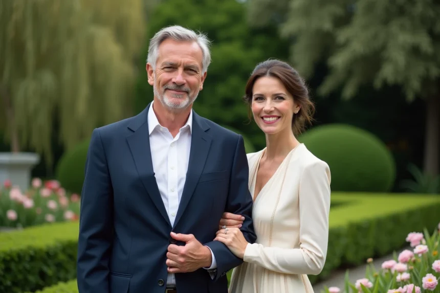 Portrait d un couple dans un jardin élégant et verdoyant