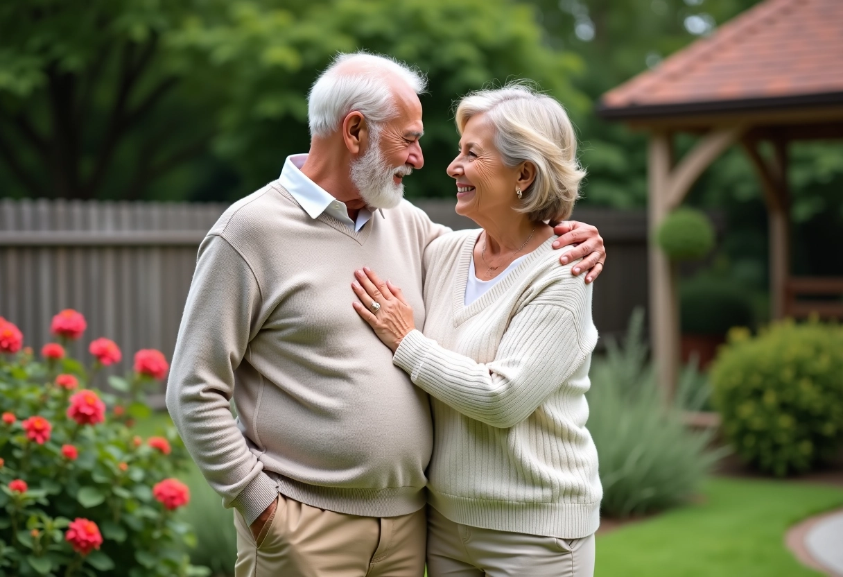 Couple âgé dans un jardin fleuri et paisible