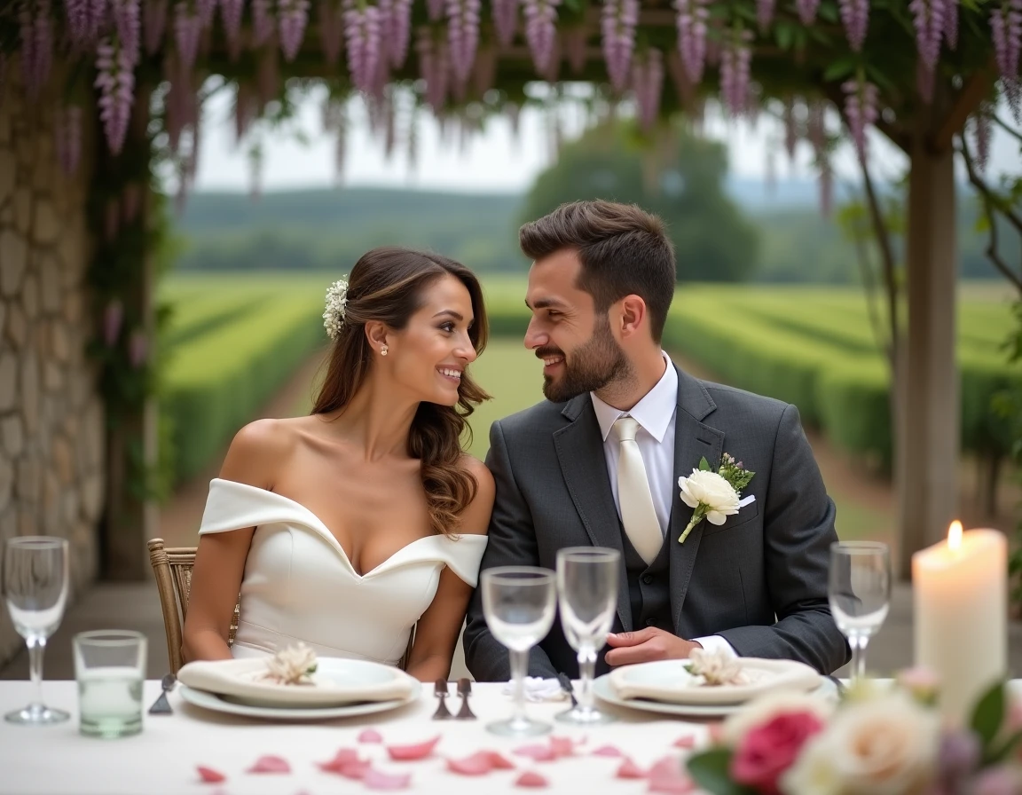 Couple élégant assis à une table de réception de mariage champêtre en Provence avec décoration florale