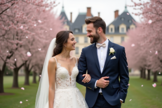 Jeune couple en mariage devant un château français en fleurs