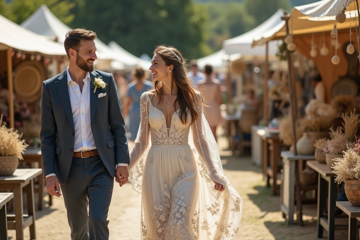Couple heureux dans un marché vintage en plein air