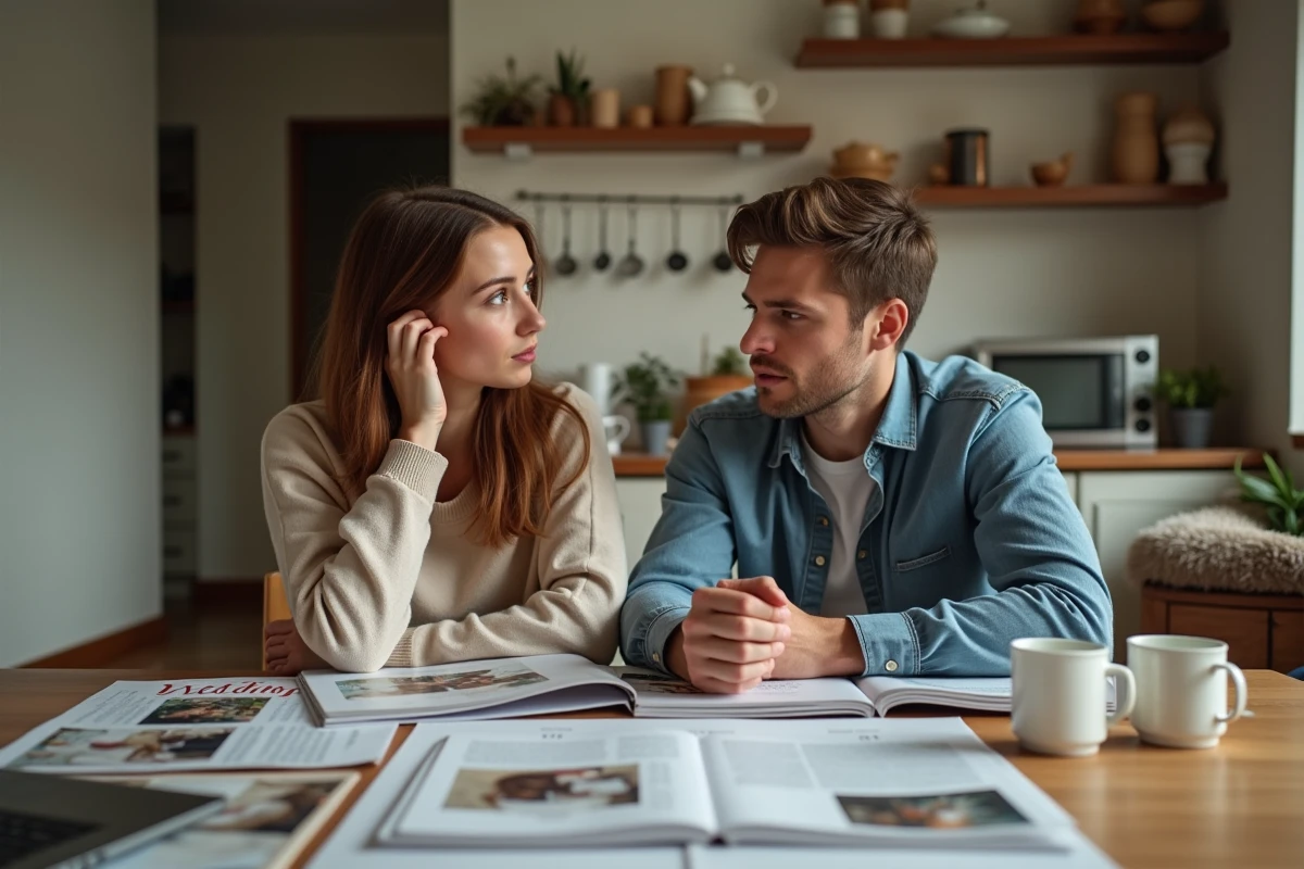 Jeune couple discutant autour de magazines de mariage à la maison