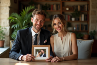 Jeune couple souriant avec photo de mariage dans un salon chaleureux