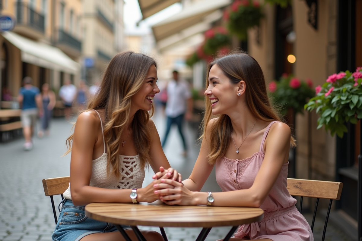 Jeunes mariées souriantes dans un café en ville