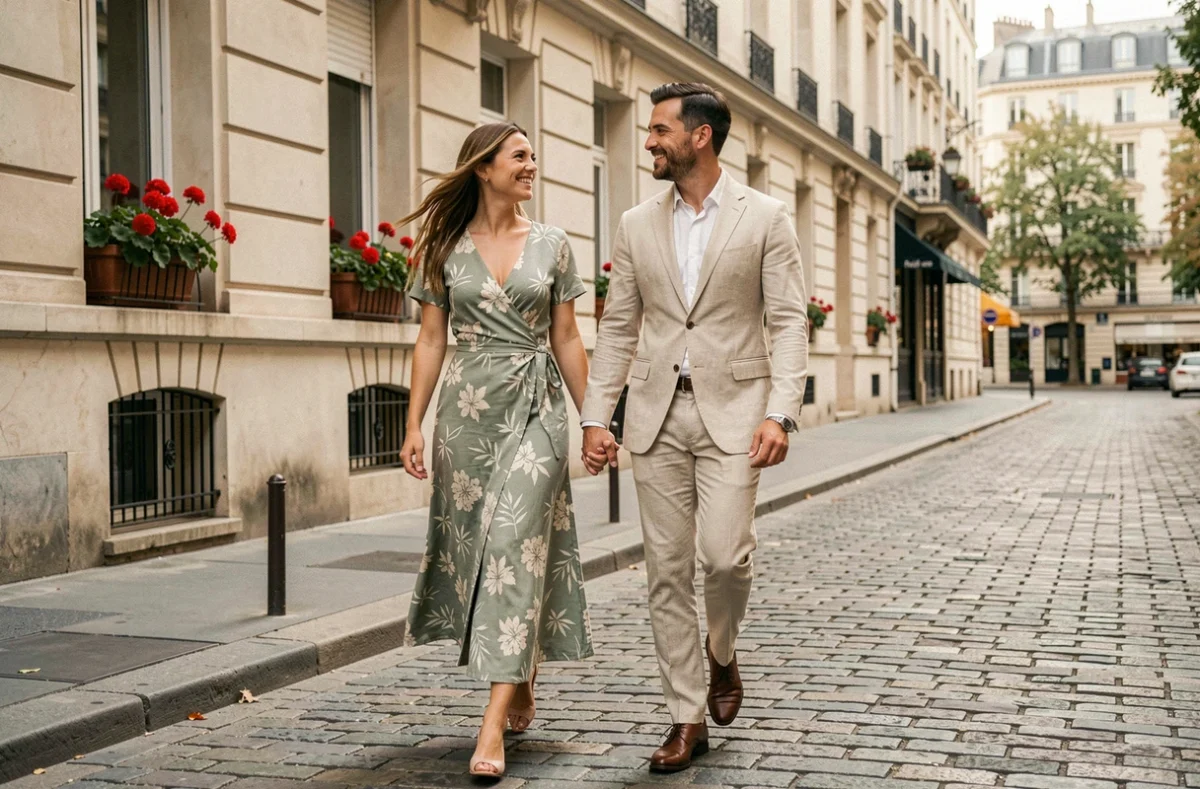 Couple de mariés dans une rue pavée devant une mairie, mariée en robe fleurie verte et crème et marié en costume lin beige
