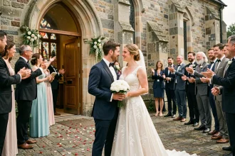 Couple de mariés souriants à la sortie d'une église en pierre entourés de leurs proches pour un mariage religieux