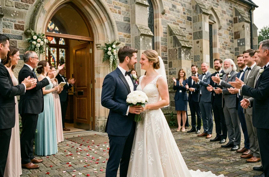 Couple de mariés souriants à la sortie d'une église en pierre entourés de leurs proches pour un mariage religieux