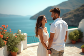 Jeune couple souriant sur une terrasse méditerranéenne en été