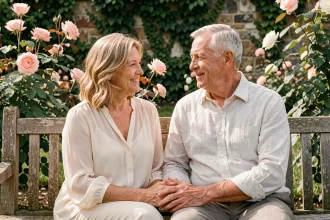 Couple marié depuis 36 ans tenant leurs mains dans un jardin fleuri, célébrant leurs noces de mousseline