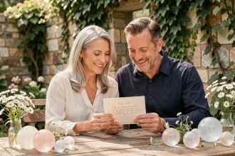 Couple fêtant 21 ans de mariage en noces d'opale, lisant des vœux manuscrits dans un jardin fleuri