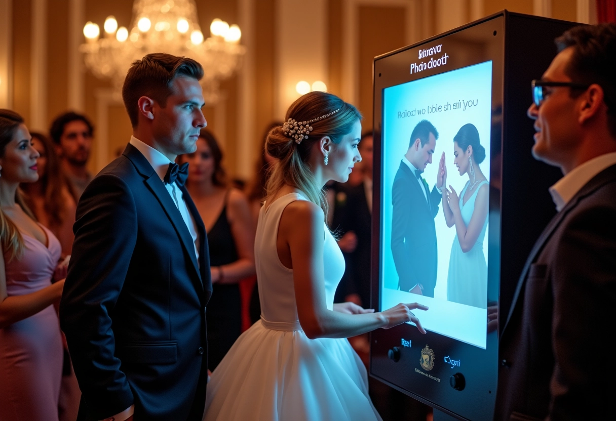 Couple utilisant un photo booth numérique lors d