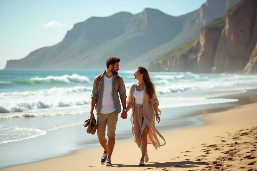 Jeune couple interracial marche sur la plage sud-africaine