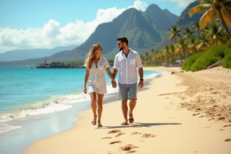 Jeune couple souriant sur la plage de Hawaii