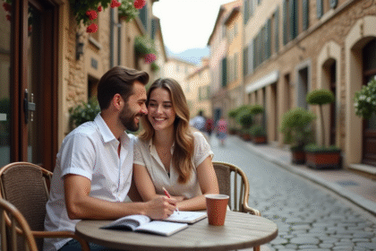 Jeune couple planifiant leur voyage en terrasse en Europe