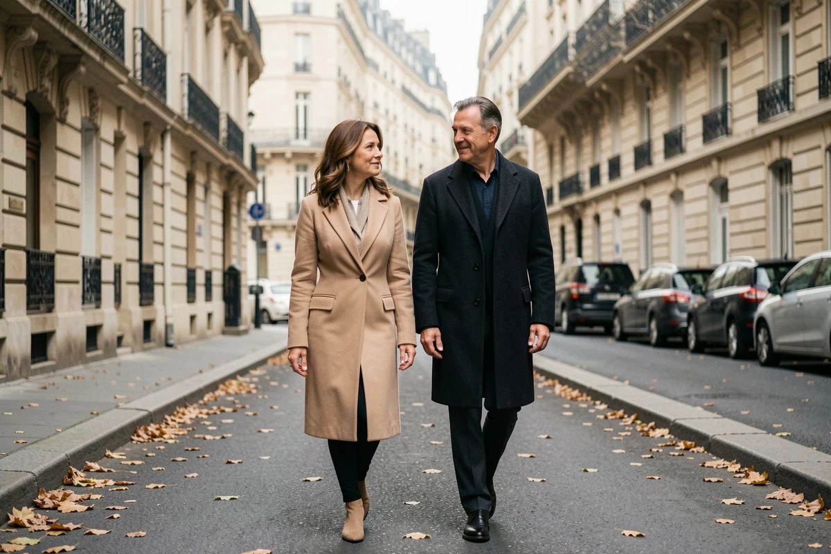 Couple élégant se promenant dans une rue haussmannienne parisienne en automne