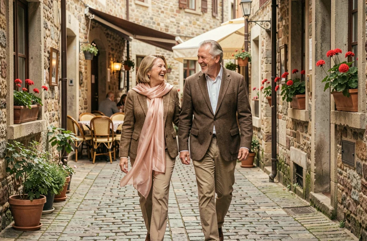 Couple célébrant leurs noces de mousseline en se promenant dans un village européen après 36 ans de mariage