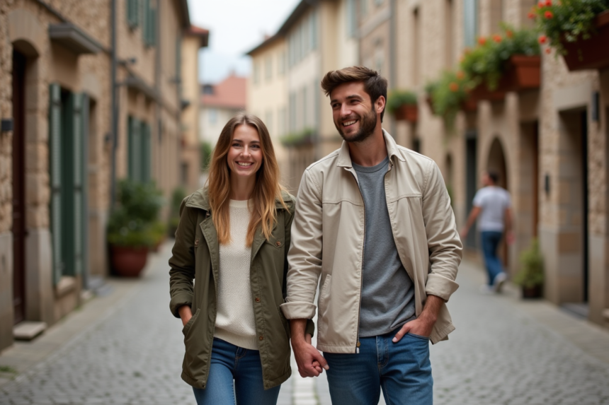 Jeune couple souriant dans un vieux quartier européen